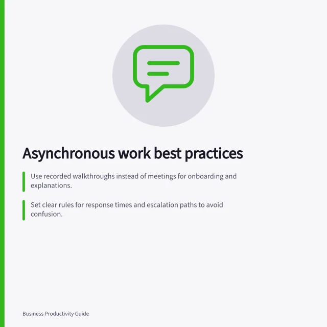 Asynchronous work best practices: Use recorded walkthroughs instead of meetings for onboarding and explanations.; Set clear rules for response times and escalation paths to avoid confusion.; Keep final decisions in a central, searchable location like a shared project hub. Asynchronous work habits