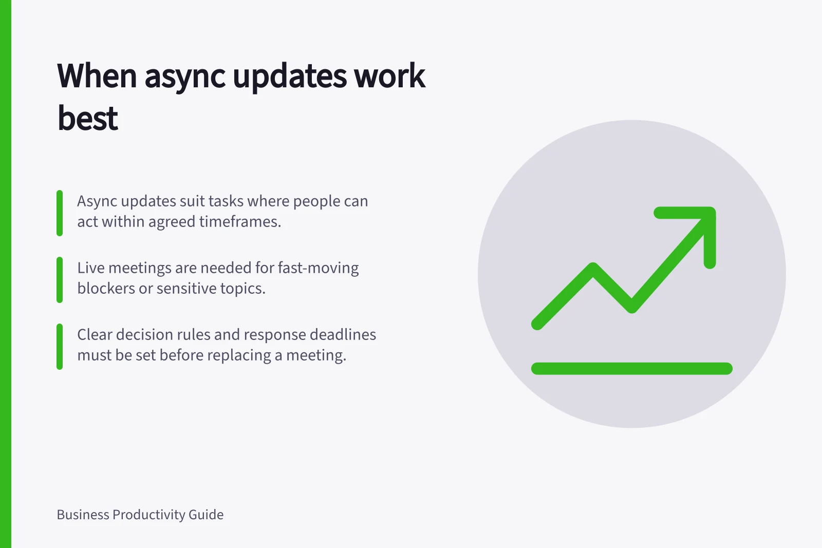 When async updates work best: Async updates suit tasks where people can act within agreed timeframes.; Live meetings are needed for fast-moving blockers or sensitive topics.; Clear decision rules and response deadlines must be set before replacing a meeting.