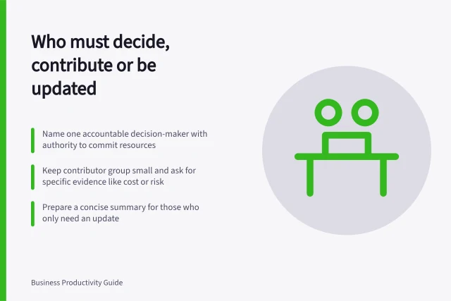 Who must decide, contribute or be updated: Name one accountable decision-maker with authority to commit resources; Keep contributor group small and ask for specific evidence like cost or risk; Prepare a concise summary for those who only need an update. Choosing who must contribute and who only needs an update