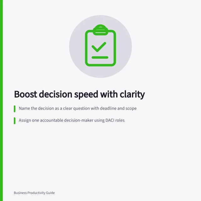 Boost decision speed with clarity: Name the decision as a clear question with deadline and scope; Assign one accountable decision-maker using DACI roles; Record rationale, owner, effective date and reopen condition. Decision efficiency