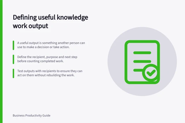 Defining useful knowledge work output: A useful output is something another person can use to make a decision or take action.; Define the recipient, purpose and next step before counting completed work.; Test outputs with recipients to ensure they can act on them without rebuilding the work. Defining useful output for knowledge work