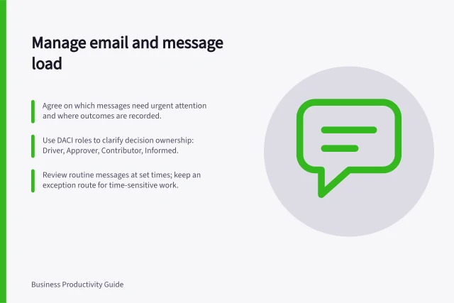 Manage email and message load: Agree on which messages need urgent attention and where outcomes are recorded.; Use DACI roles to clarify decision ownership: Driver, Approver, Contributor, Informed.; Review routine messages at set times; keep an exception route for time-sensitive work. Email and message workload