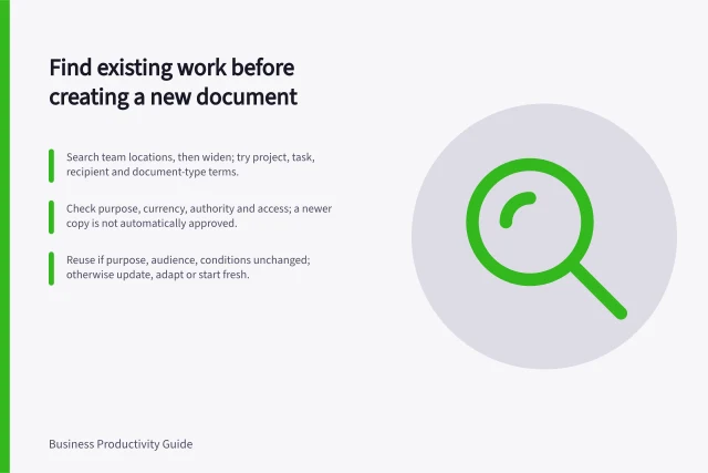 Find existing work before creating a new document: Search team locations, then widen; try project, task, recipient and document-type terms.; Check purpose, currency, authority and access; a newer copy is not automatically approved.; Reuse if purpose, audience, conditions unchanged; otherwise update, adapt or start fresh. Finding existing work before creating a new document
