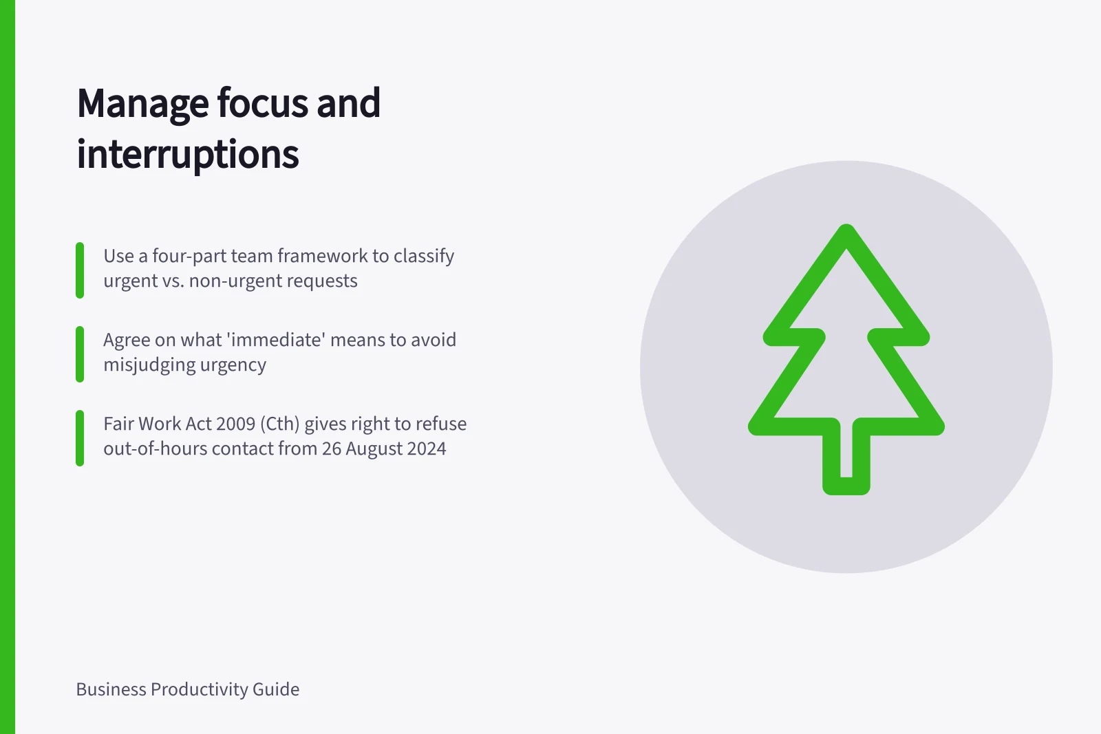 Manage focus and interruptions: Use a four-part team framework to classify urgent vs. non-urgent requests; Agree on what 'immediate' means to avoid misjudging urgency; Fair Work Act 2009 (Cth) gives right to refuse out-of-hours contact from 26 August 2024