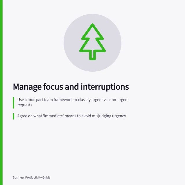 Manage focus and interruptions: Use a four-part team framework to classify urgent vs. non-urgent requests; Agree on what 'immediate' means to avoid misjudging urgency; Fair Work Act 2009 (Cth) gives right to refuse out-of-hours contact from 26 August 2024. Focus and interruption management