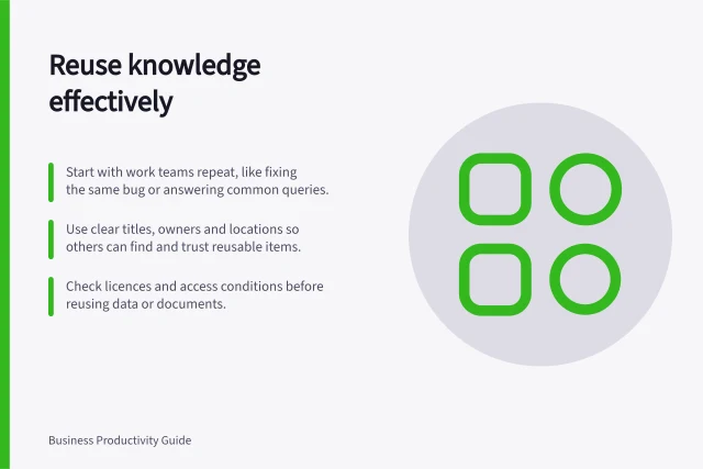 Reuse knowledge effectively: Start with work teams repeat, like fixing the same bug or answering common queries.; Use clear titles, owners and locations so others can find and trust reusable items.; Check licences and access conditions before reusing data or documents. Knowledge reuse