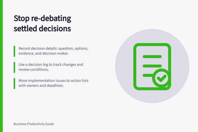 Stop re-debating settled decisions: Record decision details: question, options, evidence, and decision-maker.; Use a decision log to track changes and review conditions.; Move implementation issues to action lists with owners and deadlines. Preventing repeated debate over a settled decision