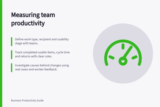 Measuring team productivity: Define work type, recipient and usability stage with teams.; Track completed usable items, cycle time and returns with clear rules.; Investigate causes behind changes using real cases and worker feedback. Productivity measurement