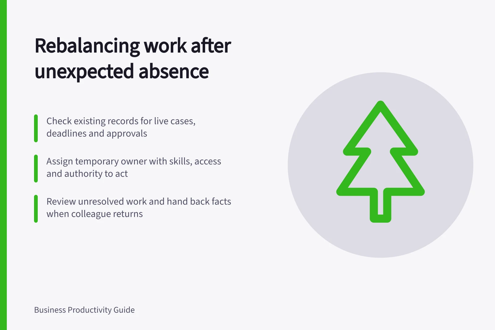 Rebalancing work after unexpected absence: Check existing records for live cases, deadlines and approvals; Assign temporary owner with skills, access and authority to act; Review unresolved work and hand back facts when colleague returns