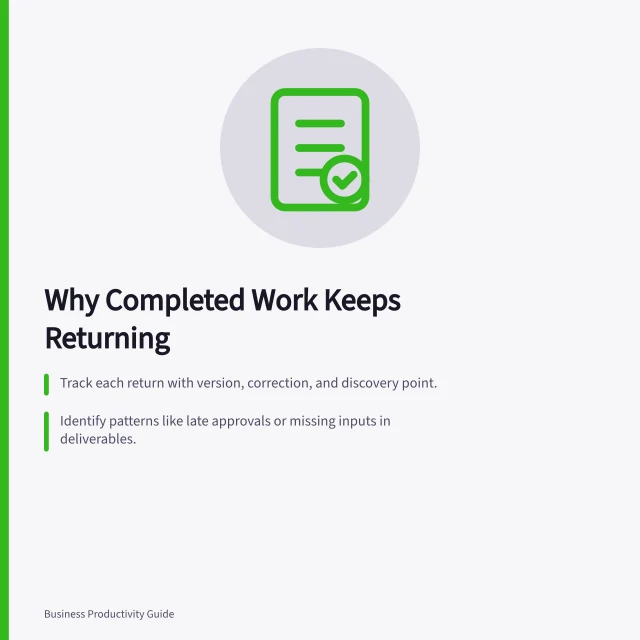 Why Completed Work Keeps Returning: Track each return with version, correction, and discovery point.; Identify patterns like late approvals or missing inputs in deliverables.; Test fixes on next similar work before declaring success. Tracking why completed work repeatedly returns