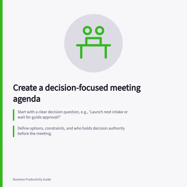 Create a decision-focused meeting agenda: Start with a clear decision question, e.g., 'Launch next intake or wait for guide approval?'; Define options, constraints, and who holds decision authority before the meeting.; Close by recording the decision, follow-up owner, and deadline—no vague outcomes. Writing a decision-oriented meeting agenda