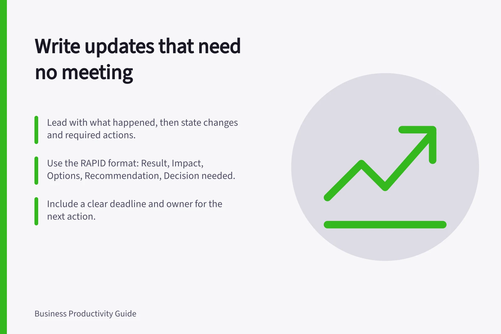 Write updates that need no meeting: Lead with what happened, then state changes and required actions.; Use the RAPID format: Result, Impact, Options, Recommendation, Decision needed.; Include a clear deadline and owner for the next action.