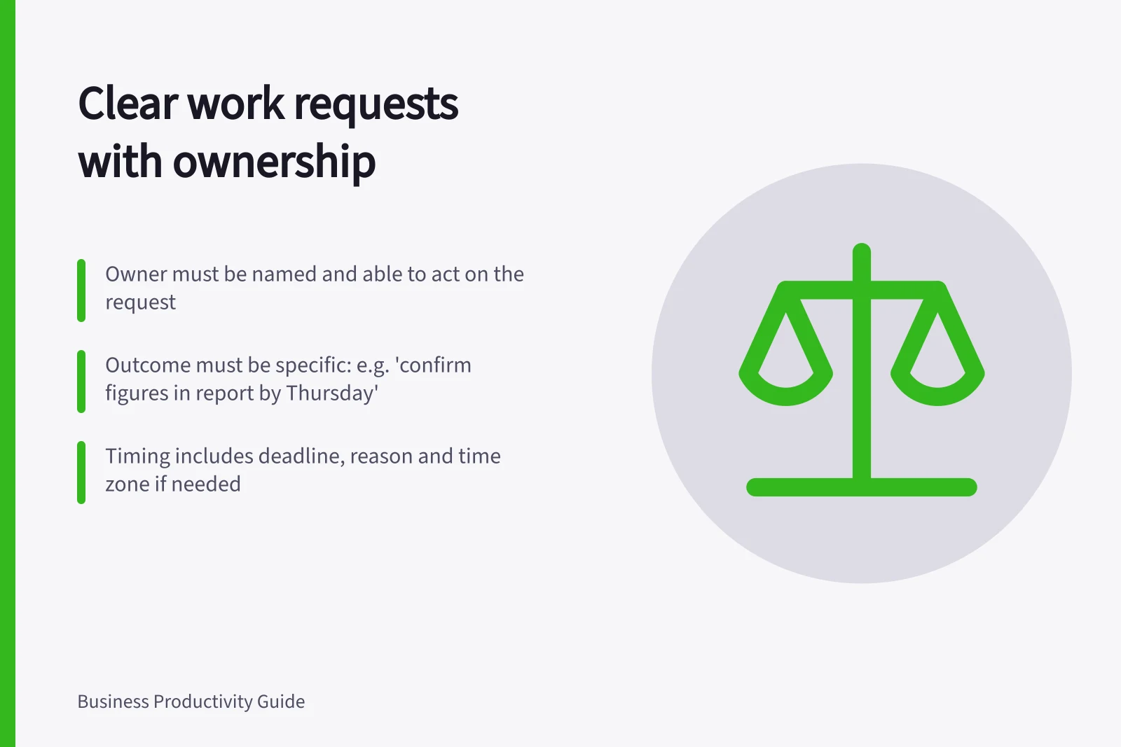 Clear work requests with ownership: Owner must be named and able to act on the request; Outcome must be specific: e.g. 'confirm figures in report by Thursday'; Timing includes deadline, reason and time zone if needed